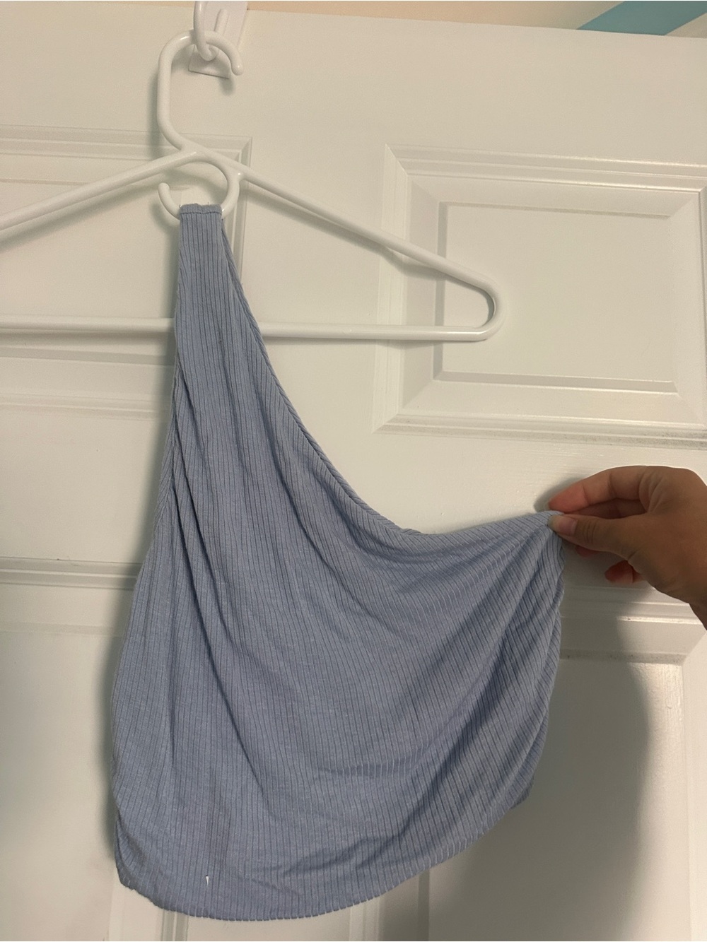 One-Shoulder Ribbed Tank Top in Light Blue